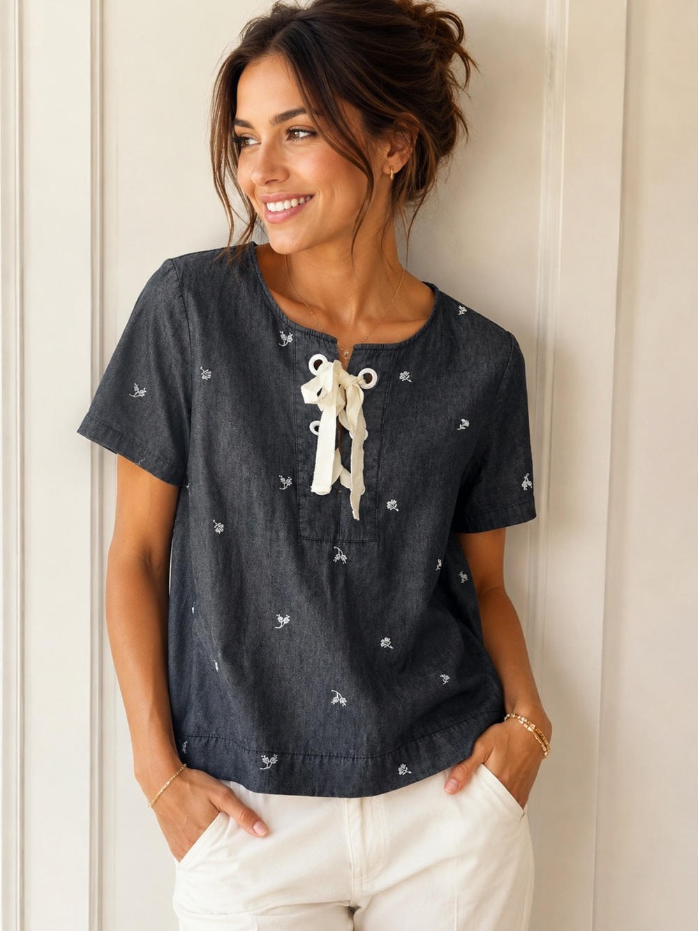 New Jane and Delancey Light Demon Embroidered Tie-Front Short SleeveTop